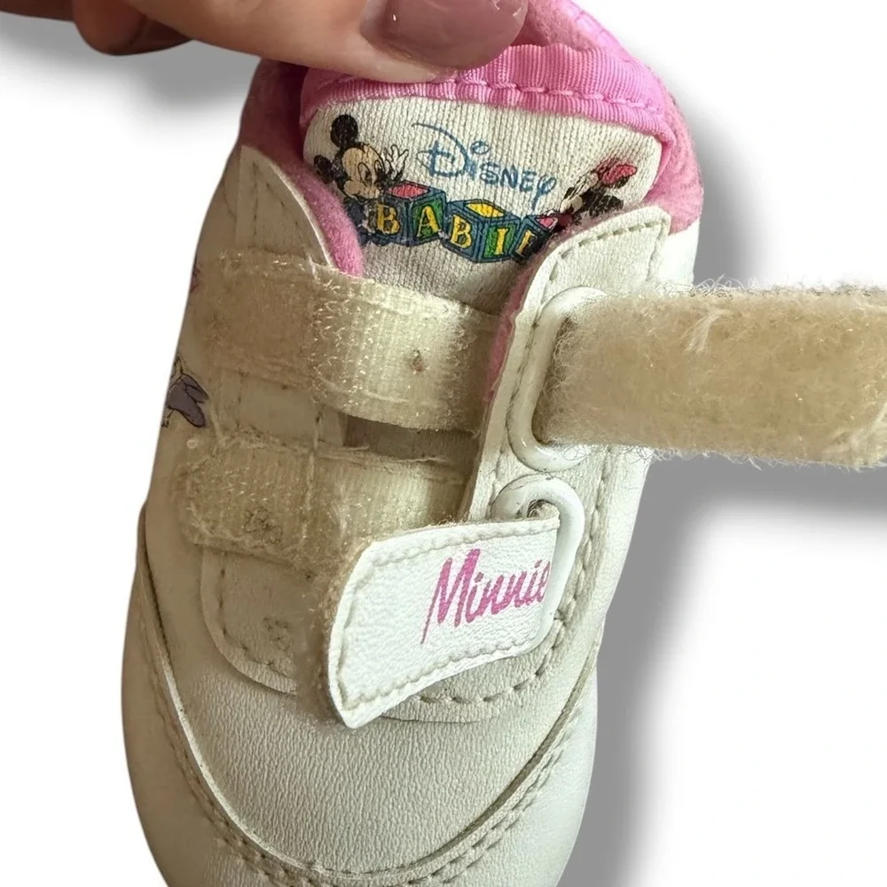 Disney Vintage Minnie Mouse Babies Sneakers Kids Size 1 White Pink Hook Loop